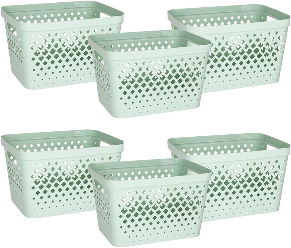 Glad Plastic Storage Basket Set, Value Pack of 6 | Open Storage Bins for Shelves, Bathroom, Pantry, Closet | Nesting Organizer Boxes with Handles, 4 Gallon, Sage