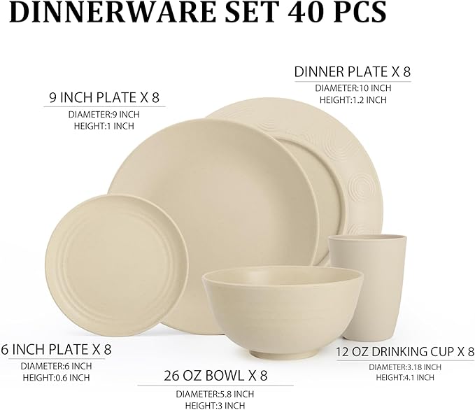 Dinnerware Sets 40 PCS Wheat Straw Plates and Bowls Sets With Cups Service for 8 Microwave Safe Dishes for Kitchen Lightweight Dish Set for RV Outdoor Activities Travel - Beige Colors