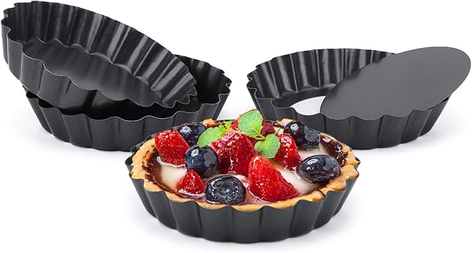 Beasea 4 Inch Tart Pan, 4pcs Mini Non-Stick Tart Pans 4 Inch with Removable Bottom Round Mini Pie Tart Tins Carbon Steel Small Pie Baking Pans for Fruit Tart Quiche Cheese Cakes