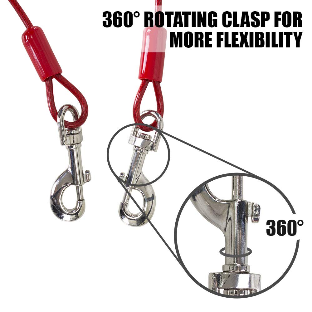 BV Dog Tie Out Cable 30 Feet - Heavy Duty Dog Lead Up to 125 Pounds - Reflective & Rust-Free with Quick Release Swivel Clips & 360° Rotating Clasp - Tangle-Free Dogs Runner for Yard (Red, Single)