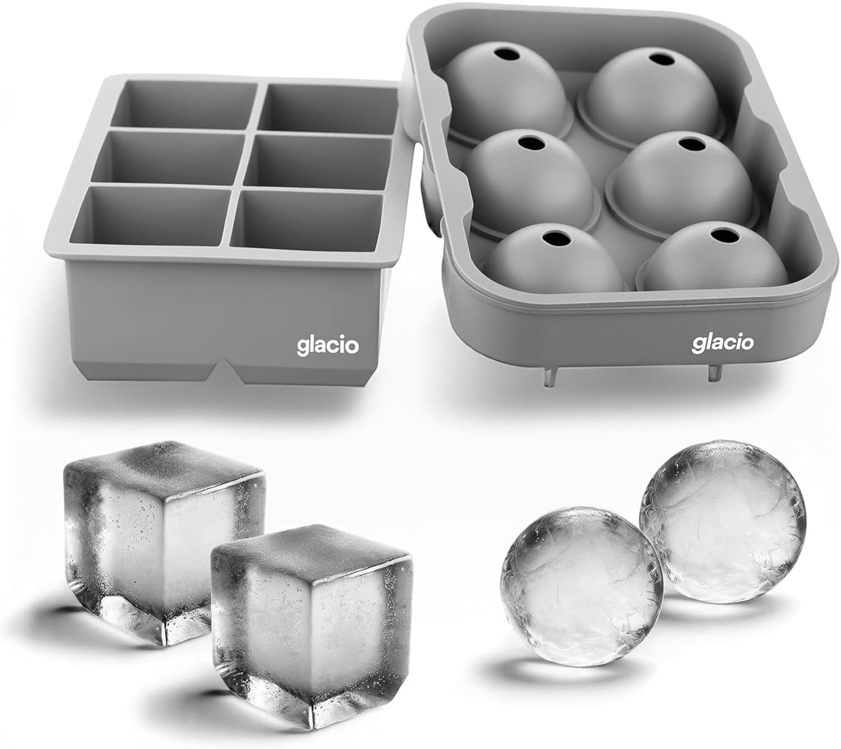 glacio Silicone Ice Cube Trays – Large Silicone Molds for 2-Inch Ice Cubes and Spheres Whiskey Ice Cube Trays with Lids for Cocktails & Bourbon – Set of 2
