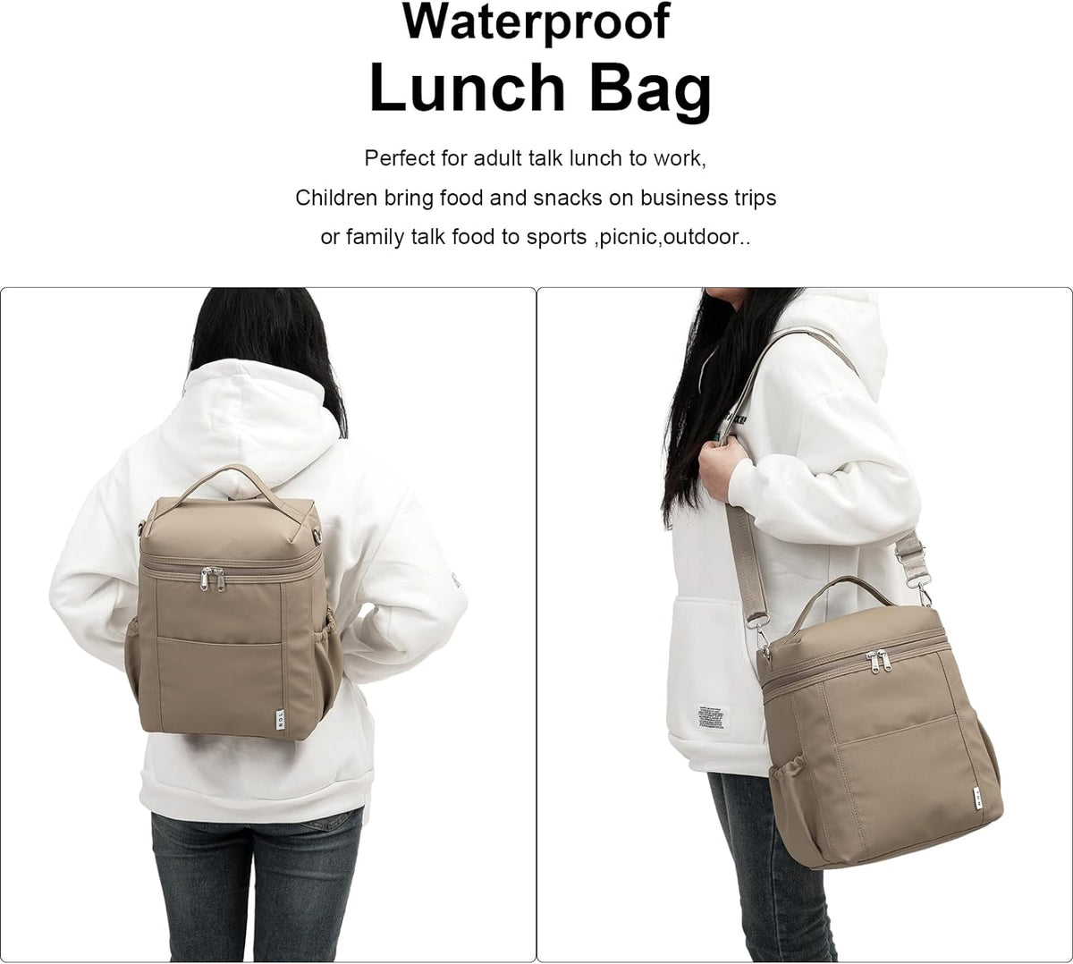 NOL Natural Organic Lifestyle Insulated Lunch Bags for Women Cooler Bag Lightweight Nylon Waterproof Lunch Box For Work (Khaki, Large)