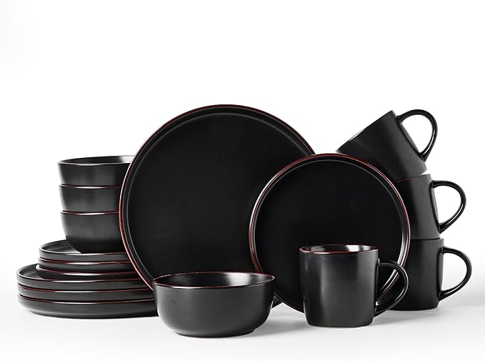 Famiware Mercury Dinnerware Sets with Mugs, Service for 4 (16 Pieces), Plates and Bowls Sets, Microwave and Dishwasher Safe Dishes Set, Matte Black