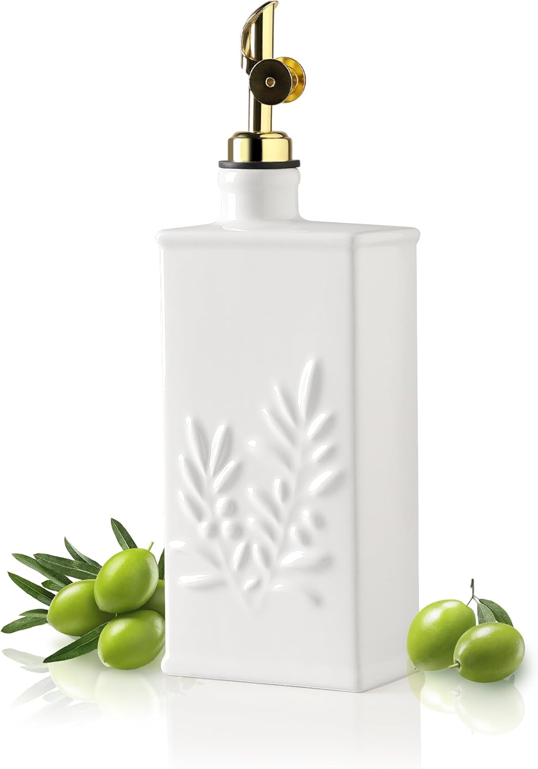 Sweejar Ceramic Olive Oil Dispenser Bottle for Kitchen, 17 Oz Relief Opaque Oil and Vinegar Dispenser Bottle with Spout, Suitable for Soy Sauce, Coffee Syrup, Liquids (White)