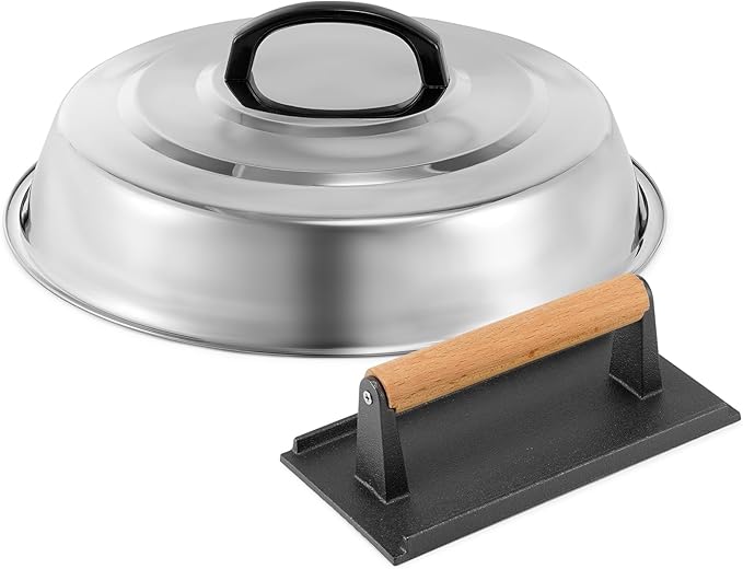 BBQ Accessories 12 Inch Round Stainless Steel Basting Cover - Cheese Melting Dome Rectangle Cast Iron Grill Press Kit for Hamburger Bacon Steak, Best for Blackstone Camp Chef Flat Top Griddle Grill