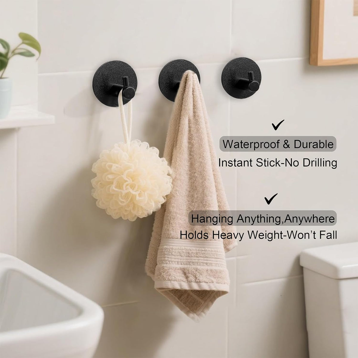 Aluminum Wall Hooks, No Drill Damage-Free Adhesive Hook, Product for Hanging Heavy Duty for Bathroom Kitchen Home (Single Round Black Hook, 4)