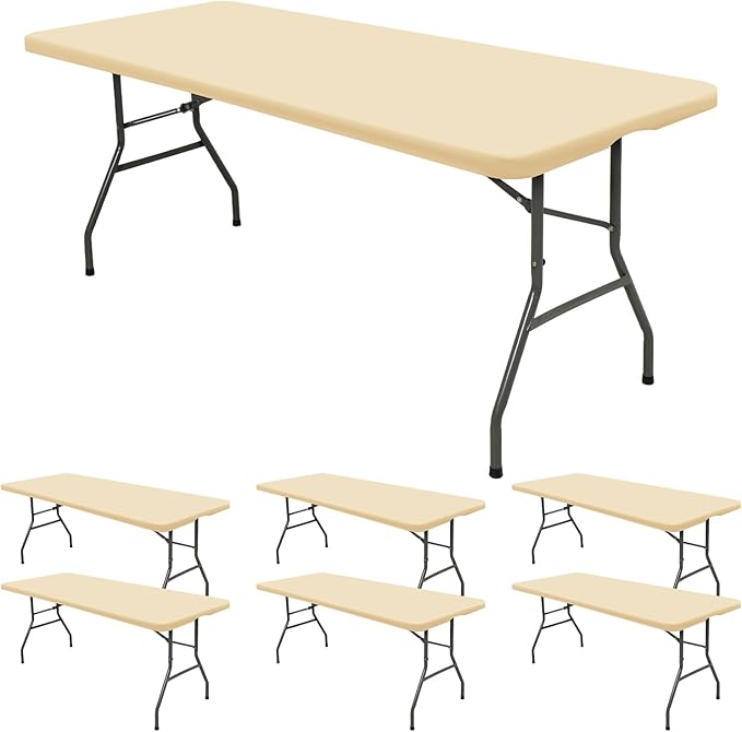 6 Pack Stretch Fabric Table Top Cap Cover, fits 6' Tables, Spandex Table Covers Washable Elastic Rectangle Tablecloth Protector for Indoor Outdoor Party Picnic Wedding, Beige, 30" W x 72" L