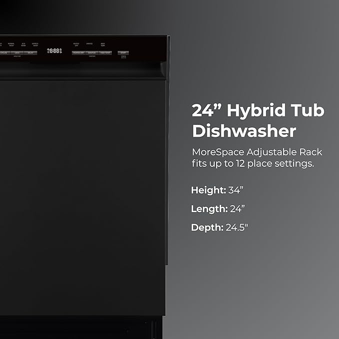 Kenmore 24" Premium Hybrid Tub Dishwasher - UltraWash, MoreSpace Adjustable Rack, High Temp & SmartWash - 12 Place Settings - 54 DBA - ENERGY STAR Certified - Black
