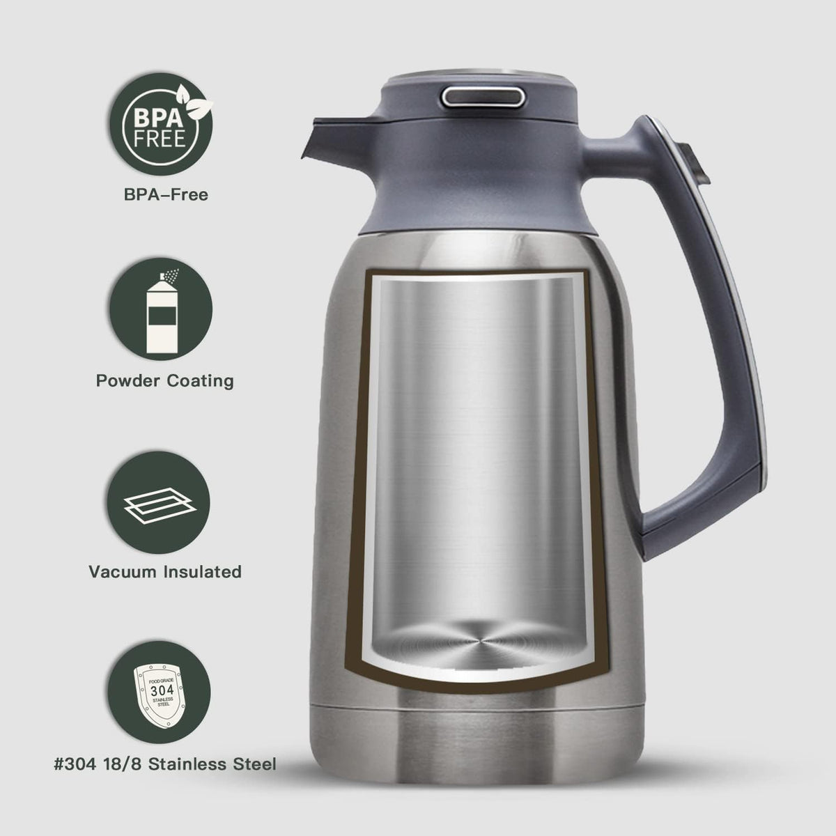IDEUS Thermal Coffee Carafe 68oz (2,000ml), Stainless Steel Double Wall Insulated Vacuum Flask, Water Jug Coffee Server and Beverage Dispenser, Heat and Cold Retention (Metallic, 68oz (2,000ml))