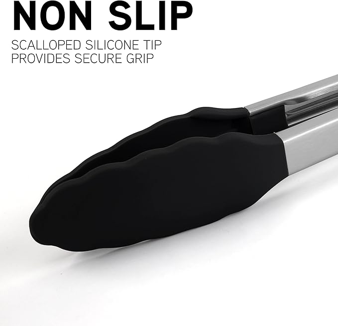 COOK WITH COLOR Stainless Steel Silicone Tipped Kitchen & BBQ Tongs Set, 3 Pc. Tongs, Black