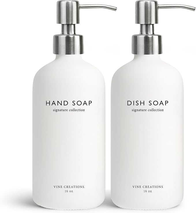 Vine Creations White Glass Soap Dispenser Set, Dish Soap and Hand Soap Dispenser Set with Stainless Steel Pump, 16 oz Glass Dispensers for Kitchen or Bathroom Decor (Matte White Bottle/Silver)