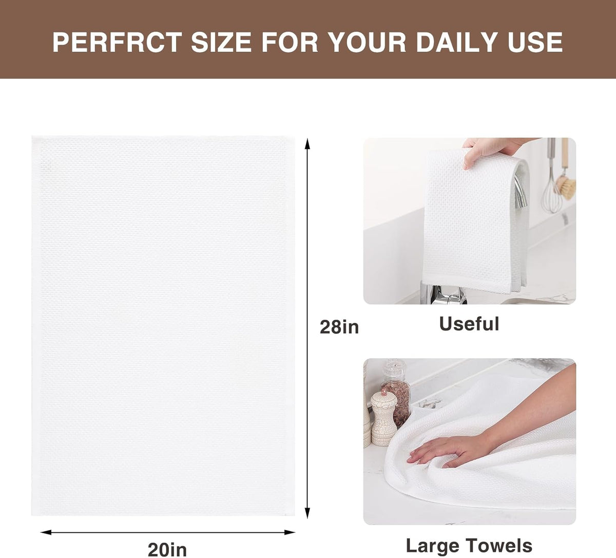 Homaxy 100% Cotton Oversized Waffle Weave Kitchen Dish Towels, Ultra Soft Absorbent Quick Drying Cleaning Towel, 20 x 28 Inches, 4-Pack, White