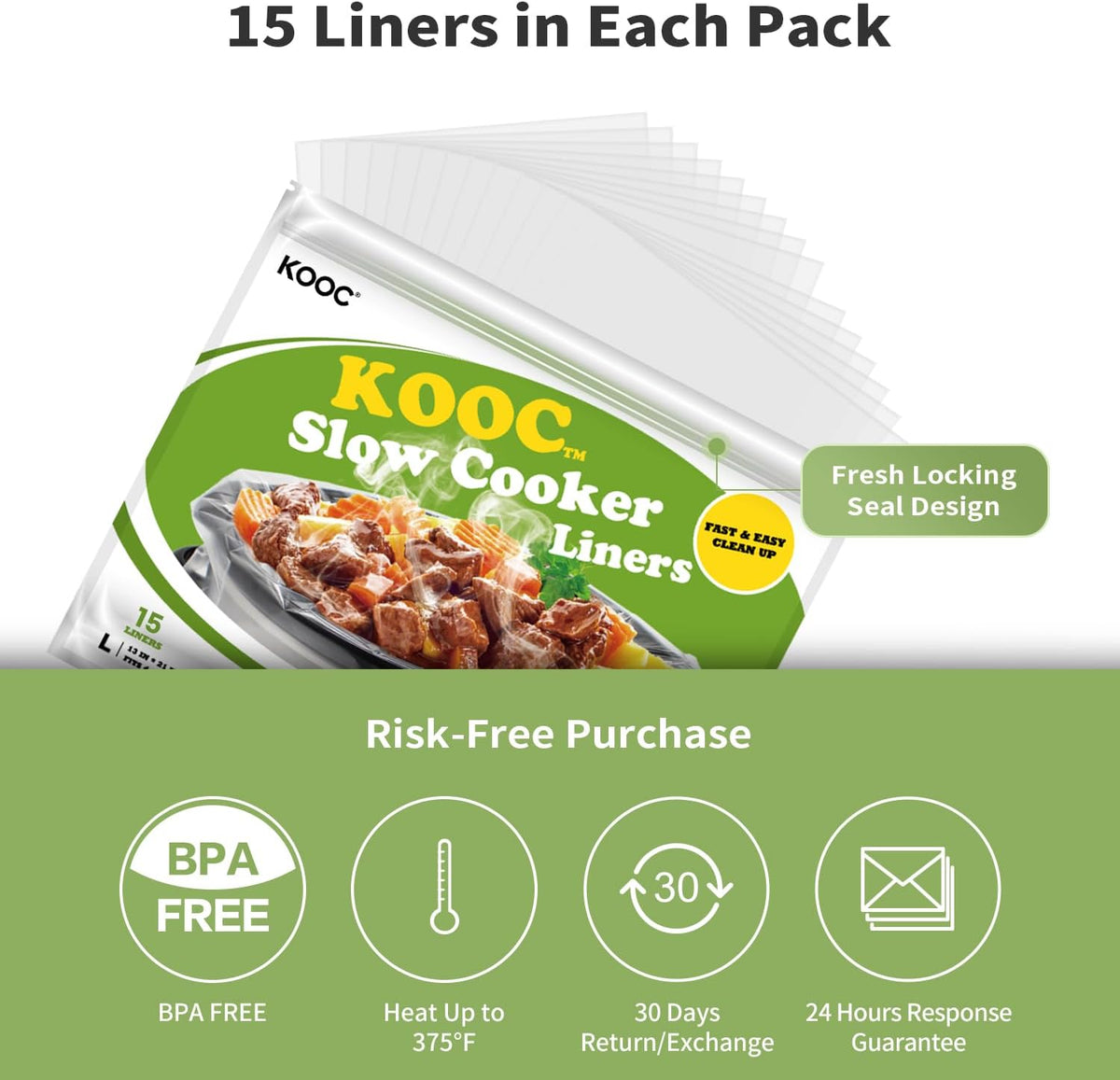 KOOC Slow Cooker Liners 13x21 inch 15 Count Large Size Disposable Pot Liners Cooking Bags Fit 3QT to 8.5QT Pot BPA Free Fresh Locking Seal Design
