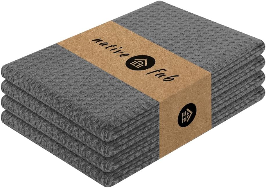 Native Fab Cotton Kitchen Towel with Hanging Loop 16x26 inches, 4-Pack, Waffle Weave Kitchen Towels for Cleaning Drying, Washcloths Soft & Absorbent Cloth Rags, Bar Towel, Dish Cloth, Grey