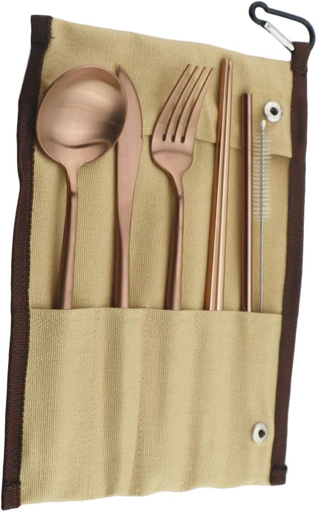 Gugrida Reusable Travel Utensils, 7 Piece Portable 304 Stainless Steel including Knife Fork Spoon Chopsticks Cleaning Brush Straws Portable Pouch, Eco-friendly Camping Silverware Set, Dishwasher Safe