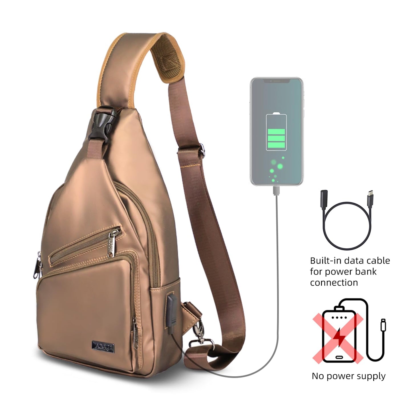 AMJ Crossbody Sling Bag, Upgraded PU Leather with USB Port Casual Shoulder Chest Bag with Logo Zipper Pulls (Leather Brown)
