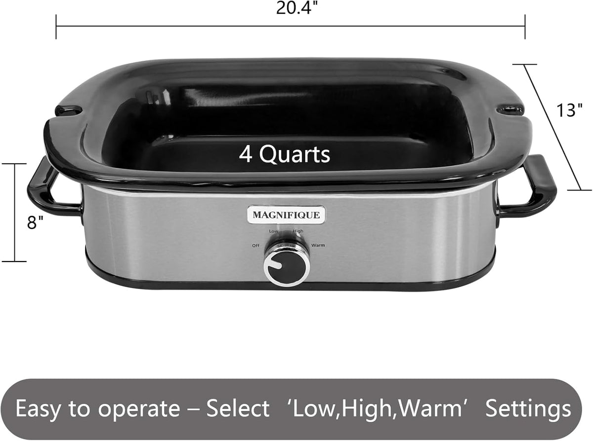 Magnifique 4-Quart Slow Cooker with Casserole Manual Warm Setting - Perfect Kitchen Small Appliance for Family Dinners, Dishwasher Safe Crock, Stainless Steel