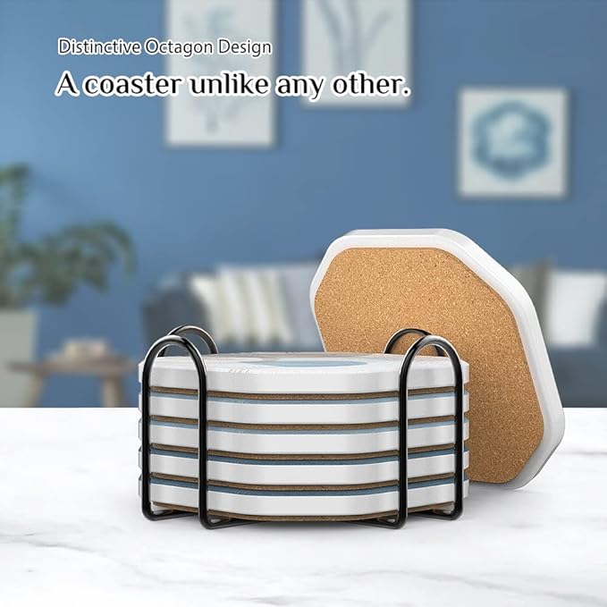 UMIRRO Ceramic Stone Coasters for Drinks Absorbent with Holder, Coastal Themed Design for Beach Lovers, Ocean Inspired Stoneware Cup Coasters for Wooden Coffee Table, 4", Octagonal, Blue, 6 Pack