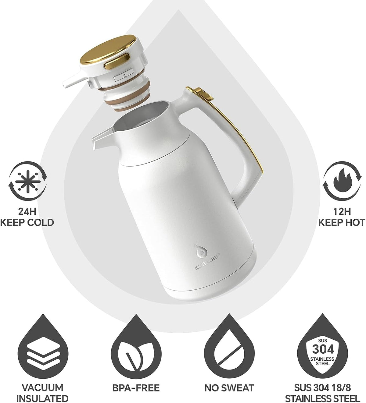 IDEUS Thermal Coffee Carafe 68oz (2,000ml), Stainless Steel Double Wall Insulated Vacuum Flask, Water Jug Coffee Server and Beverage Dispenser, Heat and Cold Retention (White-Gold, 68oz (2,000ml))