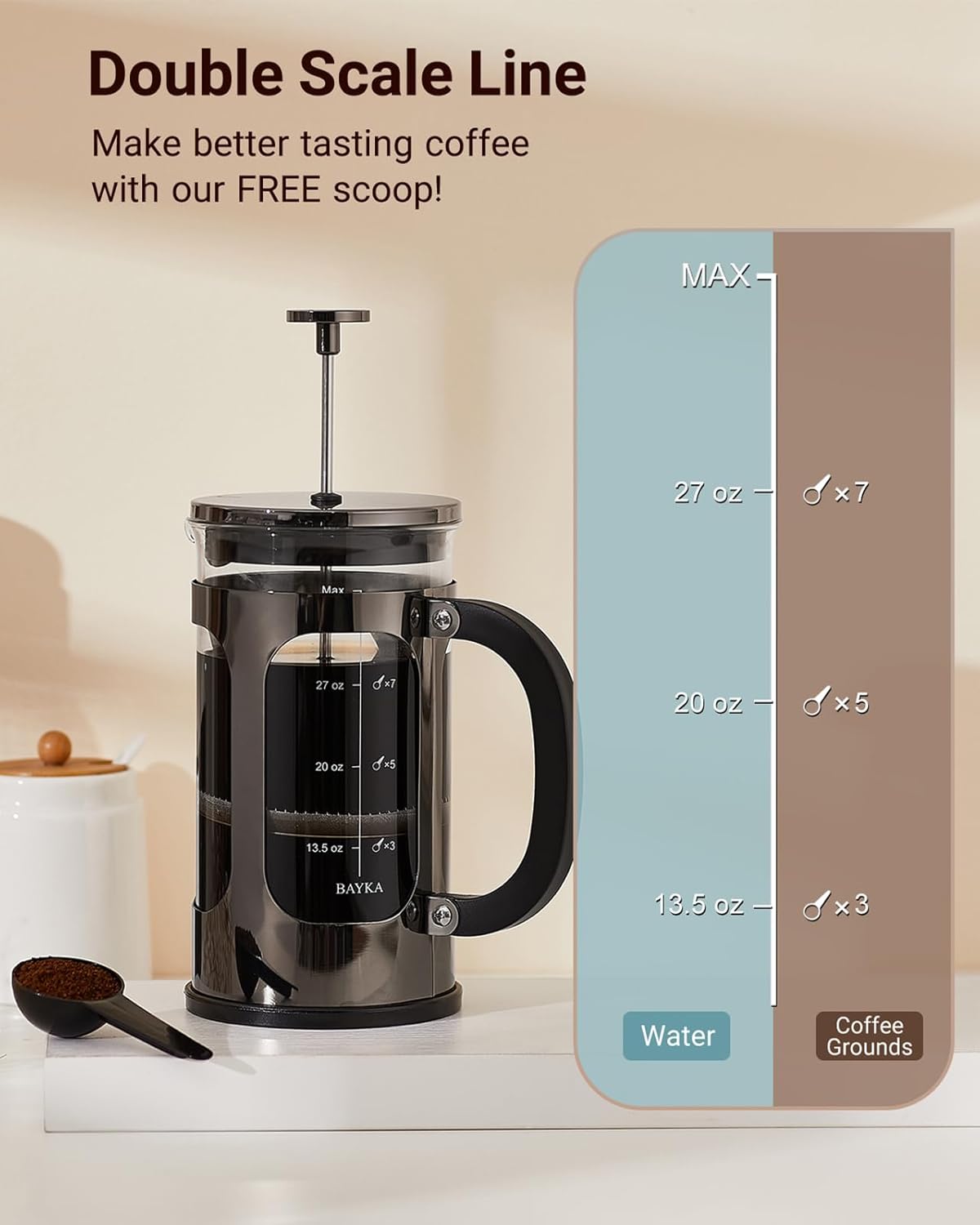 BAYKA French Press Coffee Maker 34 Ounce 1 Liter, Borosilicate Glass Stainless Steel Brewer, Large Portable Cold Brew Cafetera Teapot for Kitchen Travel Camping Coffee Bar Accessories, Dark Pewter