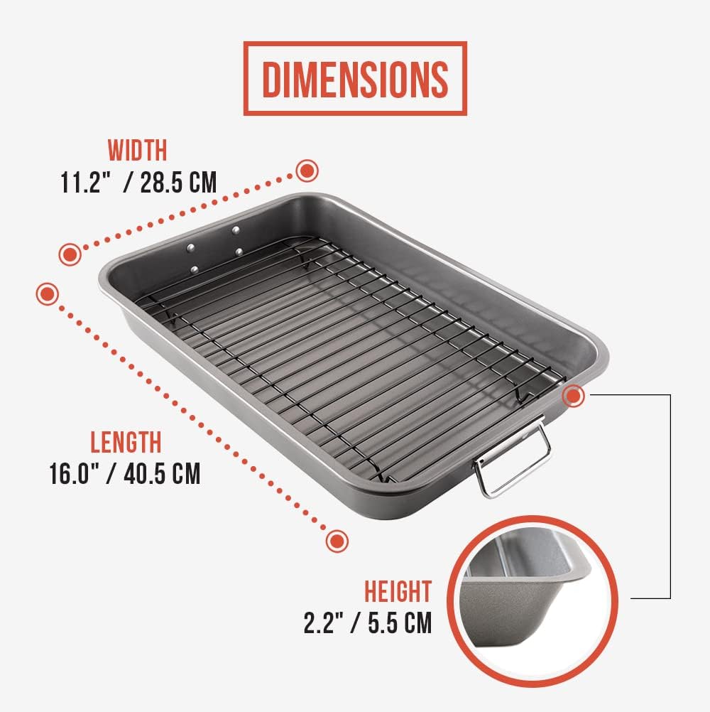 Chef Pomodoro Nonstick Carbon Steel Large Roasting Pan with Rack, Turkey Roasting Pans for Oven, Roaster Pan with Flat Rack, Turkey Pan for Oven, Bakeware Grey