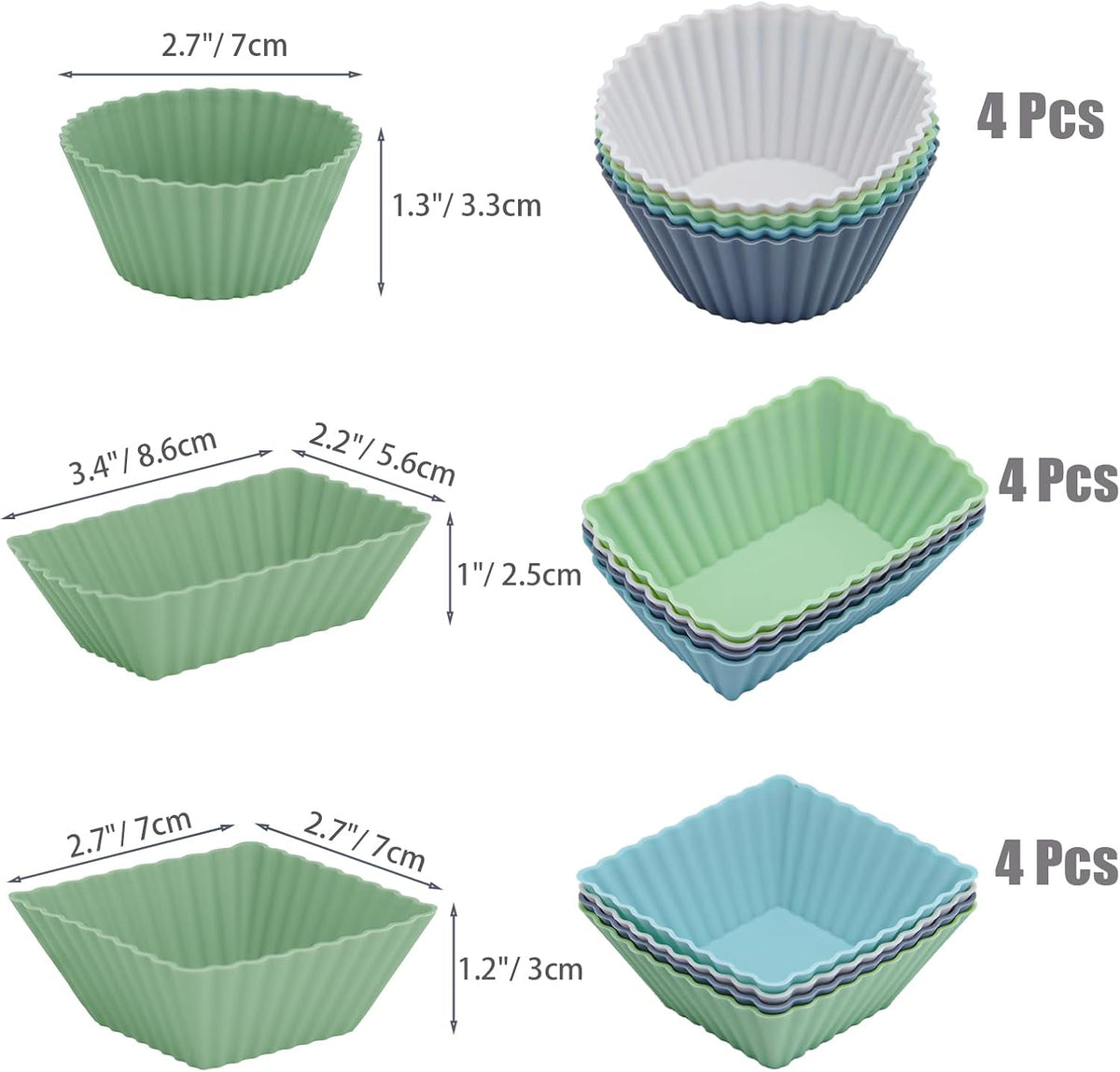 12-Pack Silicone Cupcake Liners, Reusable Muffin Cups – Round, Square & Rectangle Baking Cups, Non-Stick, Easy to Clean, Bento Box Accessories, Lunch Box Dividers for Kids