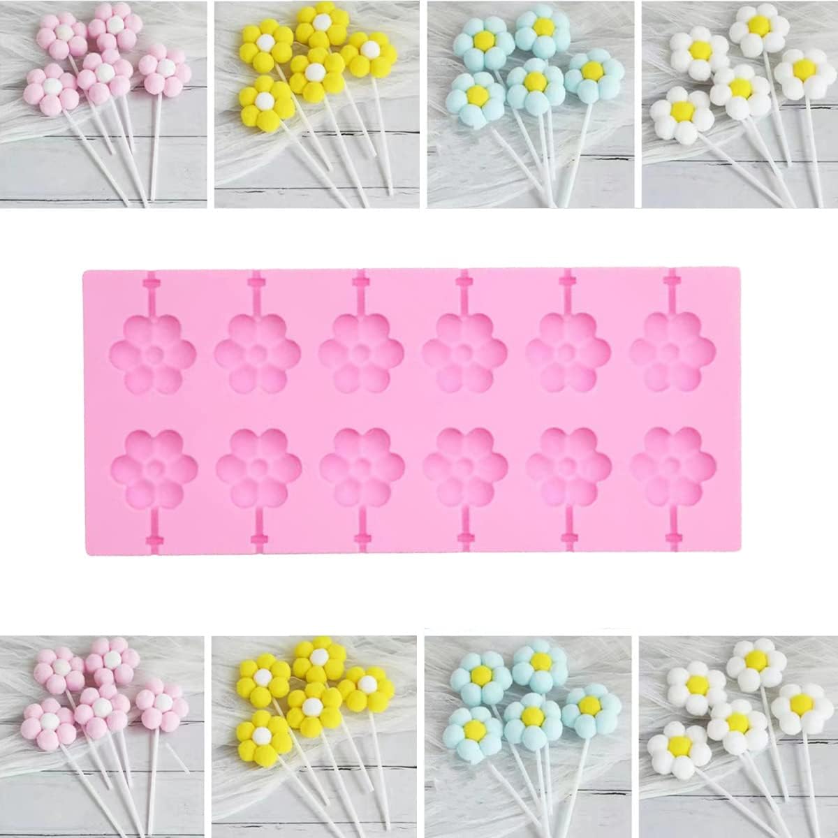 12 Capacity Silicone Lollipop Mold Set, Sucker Molds and Chocolate Hard Candy Mold with 50pcs Lollipop Sucker Sticks, Candy Treat Bags, Gold Ties. (Flower)