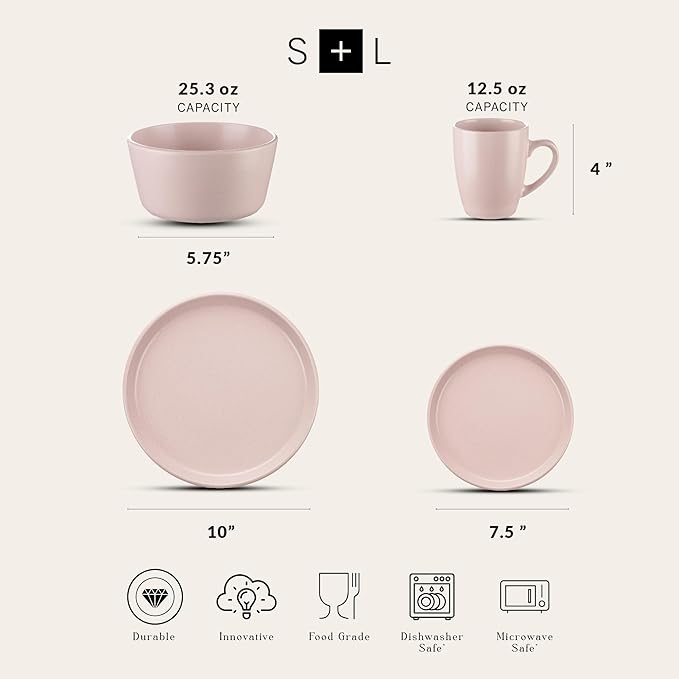 Stone Lain Albie Stoneware 16-Piece Modern Dinnerware Set, Kitchen Plates and Bowls Sets, Dish Set for 4, Pink
