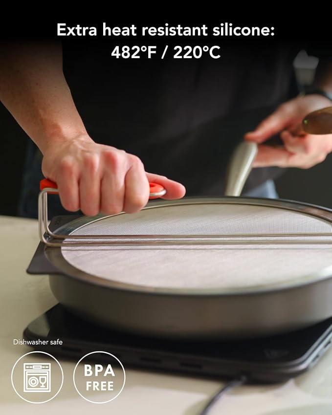 AirHood Self-Standing Splatter Screen – Heavy-Duty Stainless Steel Grease Guard for Frying Pans & Induction Cookers – Heat-Resistant, BPA-Free, Dishwasher Safe, Compact Storage