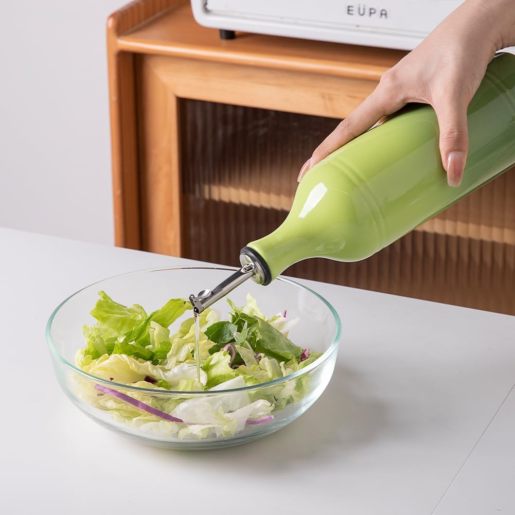 Sweejar Large Ceramic Olive Oil Dispenser Bottle, Opaque Oil Cruet Protects Oil to Reduce Oxidation, Storage Oil, Vinegar, Soy Sauce & Other Liquids, Pack of 1, 24 Fl Oz (Gradient Green)