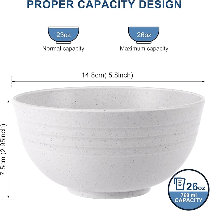 HOTEC Unbreakable Wheat Straw Cereal Bowls - Microwave & Dishwasher Safe Soup and Salad Bowls BPA Free, Set of 8, 26oz, White