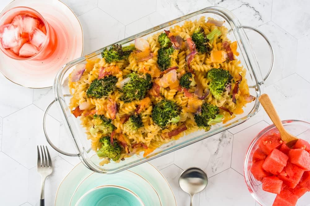 Moss & Stone Glass casserole Dish Made by Borosilicate Glass, 10 X 6.5 Inch Durable Bakeware Dish Oven Safe & Microwave Safe, Clear Glass Rectangular Baking Pan (1 Pcs & Stand)