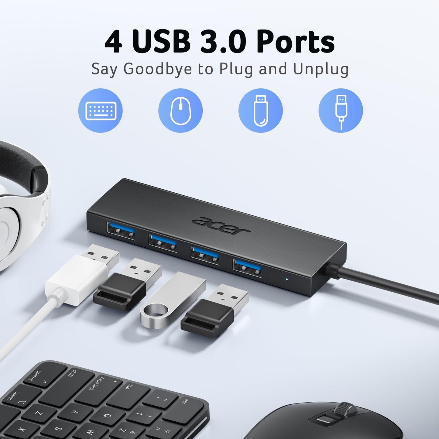 Acer USB Hub 4 Ports, Multiple USB 3.0 Hub, USBA Splitter for Laptop/PC 2FT