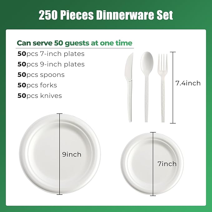 250 Pcs Biodegradable Paper Plates Set Disposable Dinnerware Set, Eco Friendly Compostable (EXTRA LONG UTENSILS), Utensil include, Forks, Knives and Spoons for Party andBirthday party, camping