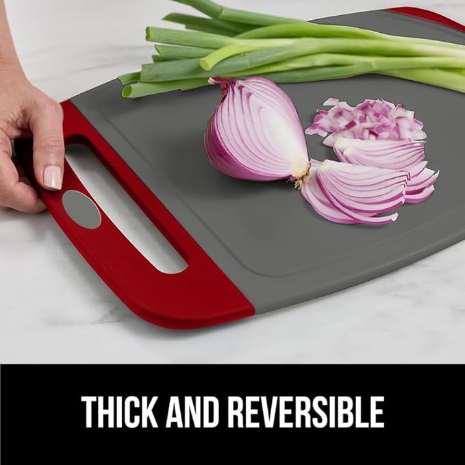 GORILLA GRIP BPA-Free Reversible Kitchen Cutting Board Set of 3, US Designed, Nonporous, Juice Grooves Catch Liquid, Slip Resistant Border, Dishwasher Safe, Durable Large Food Chopping Boards Red Gray