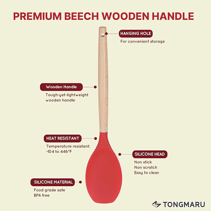 Silicone Cooking Utensils Set, Premium Beech Wood Handle Kitchen Gadgets Utensil Set, Non-Stick Kitchen Utensils Spatula, Tongs, Turner, Whisk, Brush, Spoon, BPA FREE, 446°F Resistant (Red)