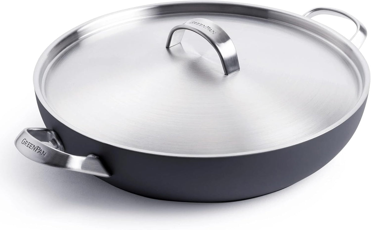 GreenPan Paris Pro Hard Anodized Healthy Ceramic Nonstick, 11" Everyday Frying Pan Skillet with 2 Handles and Stainless Steel Lid, PFAS-Free, Dishwasher Safe, Grey