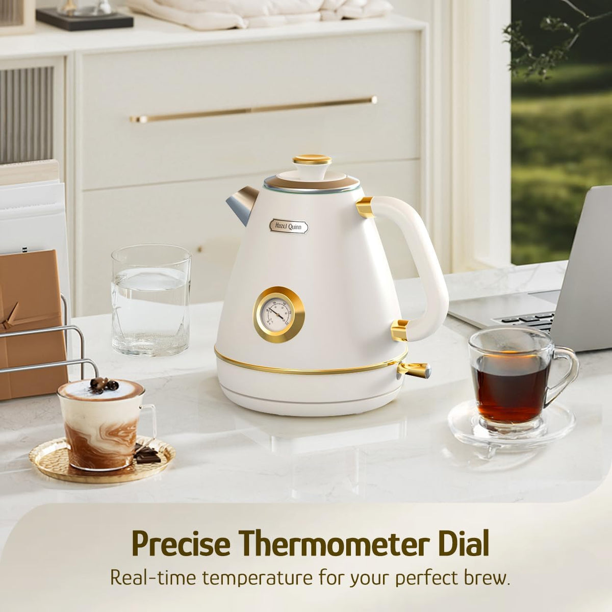 Hazel Quinn Retro Electric Kettle - 1.7 Liters / 57.5 Ounces Tea Kettle with Thermometer, All Stainless Steel, 1200 Watts Fast Boiling, BPA-free, Cordless, Automatic Shut Off - Pearl White