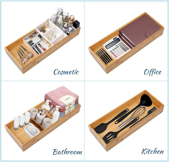 Bamboo Drawer Organizer - Kitchen Utensil Organizer Silverware Tray Cutlery Holder，Office Desk Supplies and Accessories (15X5.9X2.6 inch)