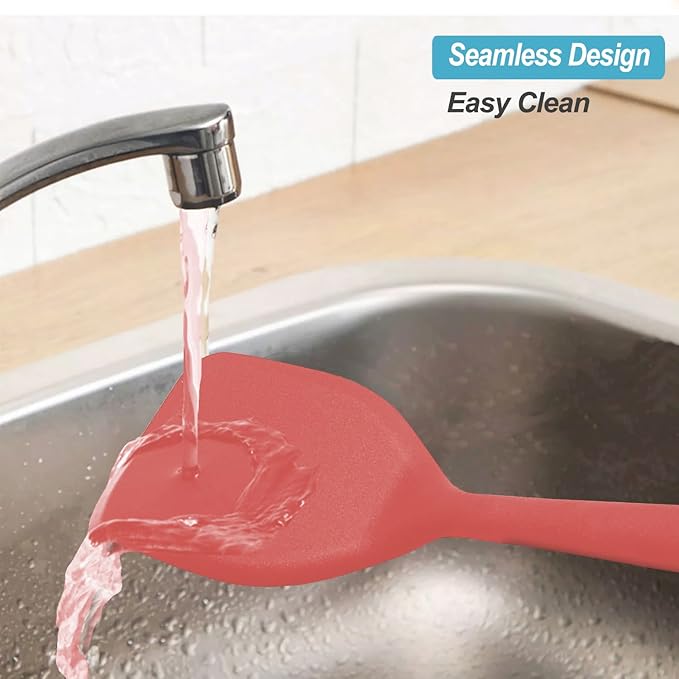 Silicone Spatula Turner Set, High Heat Resistant Spatulas with Seamless One Piece Design, Nonstick Rubber Flippers Utensils for Baking & Cooking,BPA-Free, Red, 11 IN