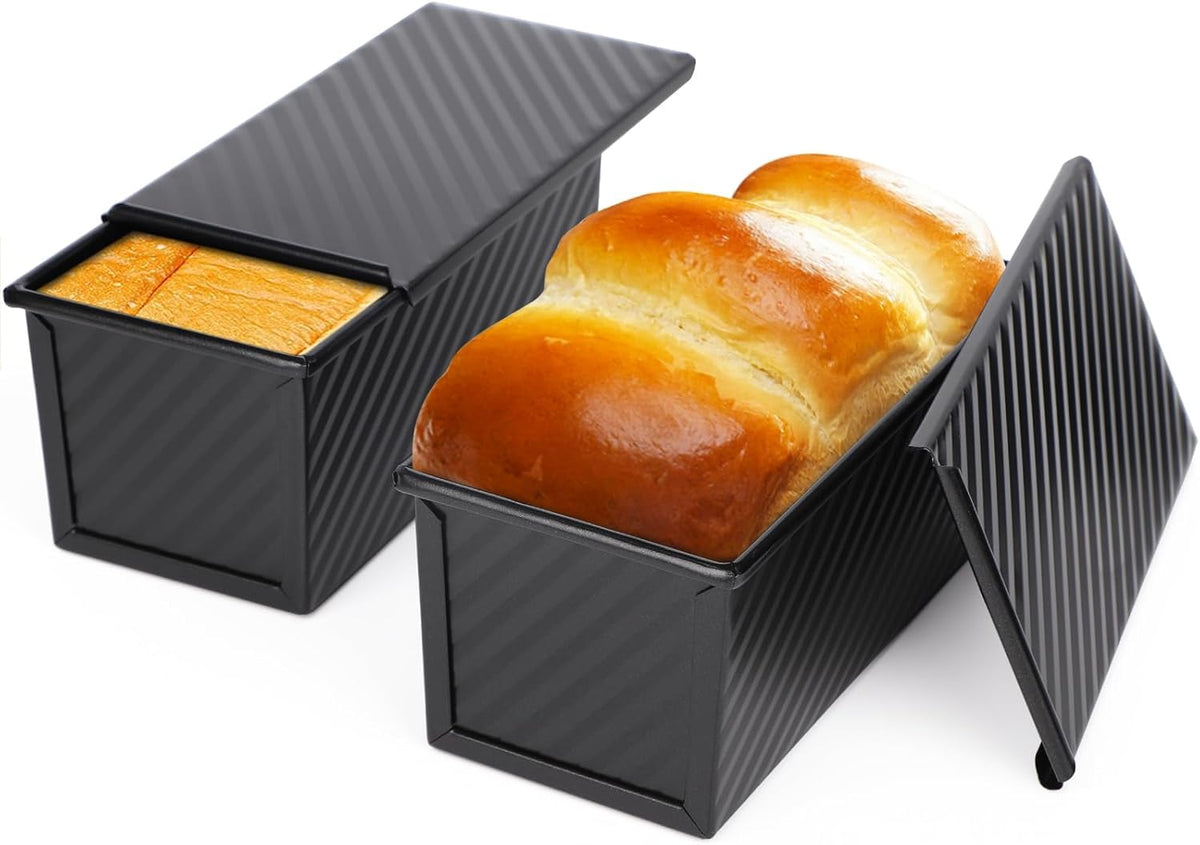 Beasea Pullman Loaf Pan with Lid, 2 Pack 0.5 lb Small Non-Stick Bread Loaf Pans Carbon Steel Mini Bread Toast Box for Homemade Bread Toast Oven Baking - Black