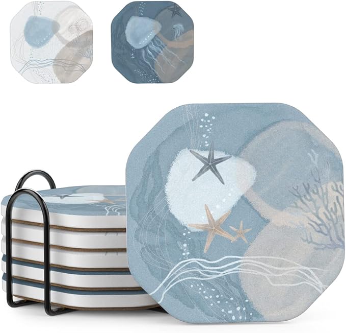 UMIRRO Ceramic Stone Coasters for Drinks Absorbent with Holder, Coastal Themed Design for Beach Lovers, Ocean Inspired Stoneware Cup Coasters for Wooden Coffee Table, 4", Octagonal, Blue, 6 Pack