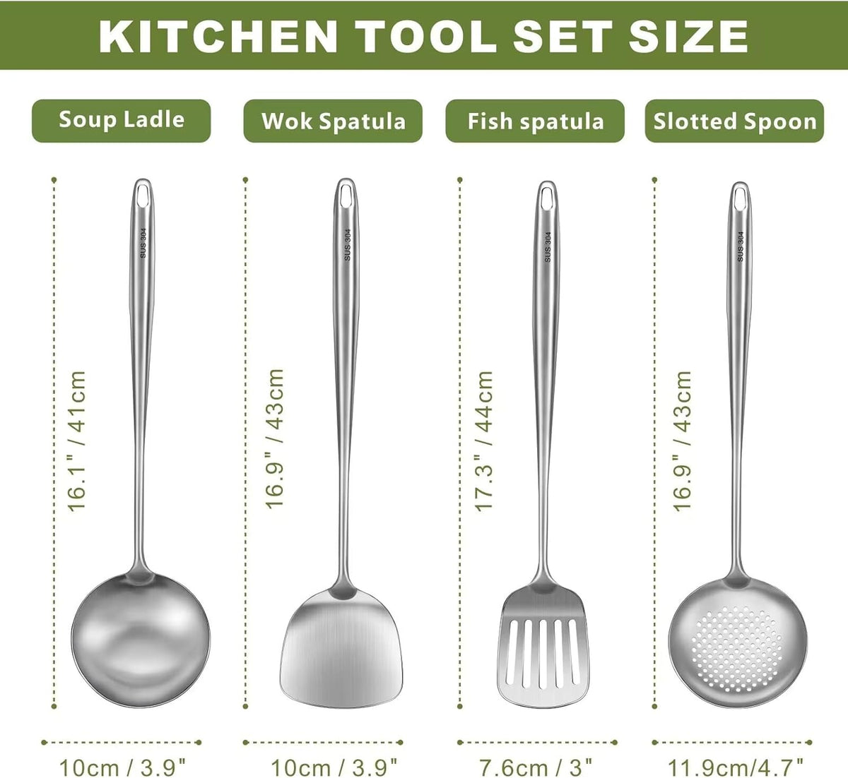 Wok Utensils Tools for Carbon Steel, Stainless Steel Wok Spatula Set, 4-Pieces 17inch Extra Long, Metal Heat Resistant Handle, Skimmer, Soup Ladle, Slotted Turner, Ideal for Gift