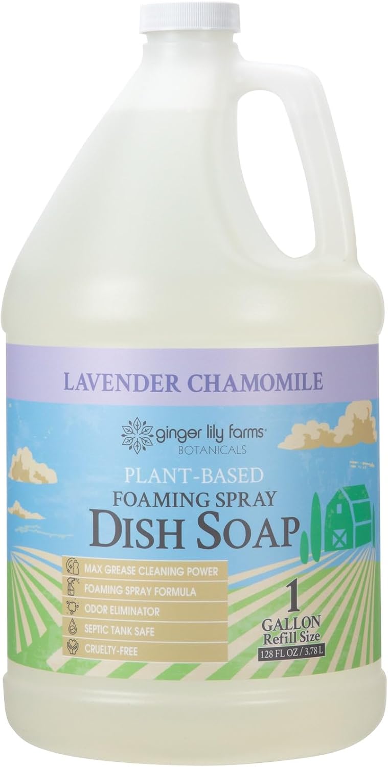 Ginger Lily Farms Botanicals Plant-Based Foaming Spray Dish Soap, Concentrated Formula with Max Grease Cleaning Power, Cruelty-Free, Lavender Chamomile Scent, 1 Gallon Refill (128 Fl Oz)