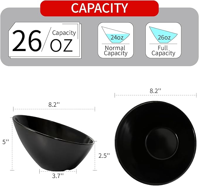 TP Salad Bowls Set of 4, 26 oz Melamine Serving Bowls for Pasta, Cereal, and Snacks, Lightweight and Durable, Dishwasher Safe, Black Bowls for Restaurant, Kitchen, Daily Use