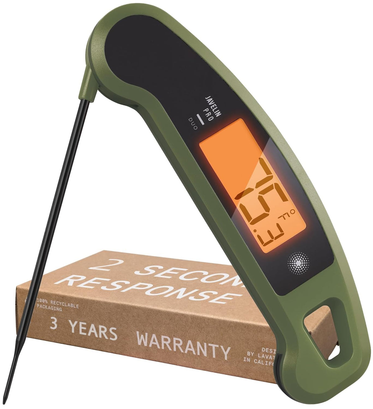 Lavatools Javelin® PRO Duo Ultra-Fast 2-Second Professional Digital Instant Read Meat Thermometer for Grill and Cooking, Auto-Rotating Backlit Display, IP65 Water Resistant – Olive