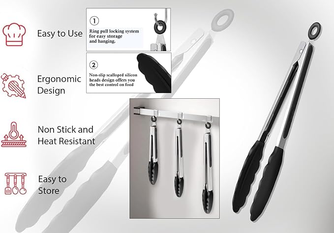 Black Stainless Steel Tongs Set – 7”, 9” & 12” Heat Resistant Kitchen Tongs with Silicone Tip, Strong Grip for Cooking, Salad Tossing, Air Fryer, BBQ & Grill – Pull Lock, Black – Set of 3