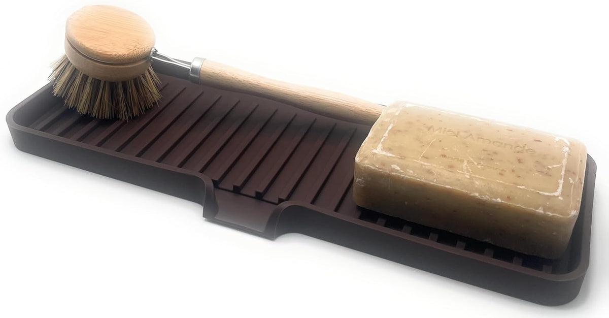 Happitasa Silicone Soap Dish Tray and Sponge Holder with Drain Chute | Bathroom and Kitchen Sink Organizer Caddy (Dark Chocolate, 12"x4", 7.4 Ounces)