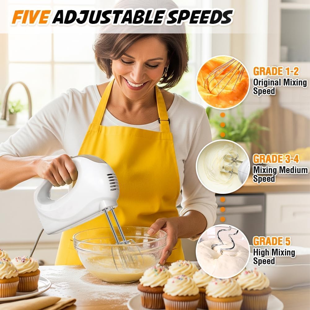 Hand Mixer, 5 Speed Electric Cake Whisk Food Mixer Self-Control/Turbo Boost with 5 Stainless Steel Accessory Food Beater for Cake Bread (one size)