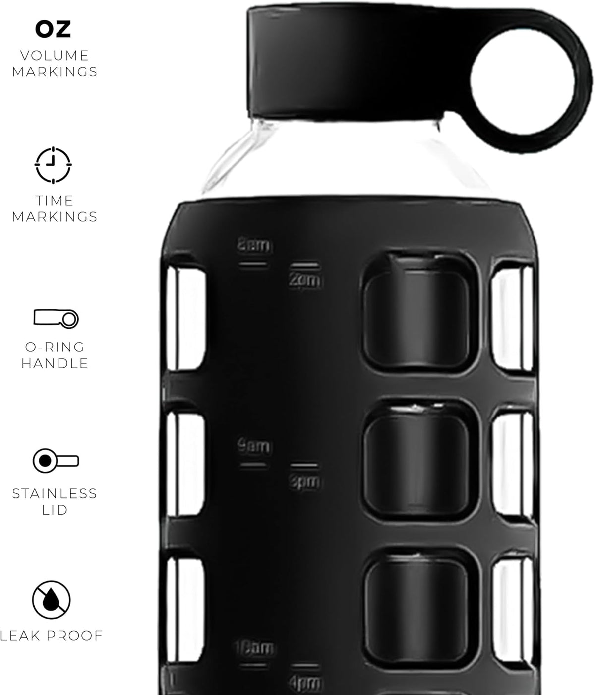 purifyou 40oz / 32oz / 22oz / 12oz Borosilicate Glass Water Bottle with Time & Volume Markers, Silicone Sleeve, Stainless Steel Lid – Reusable Glass Bottle for Water & Juice (40oz Jet Black)